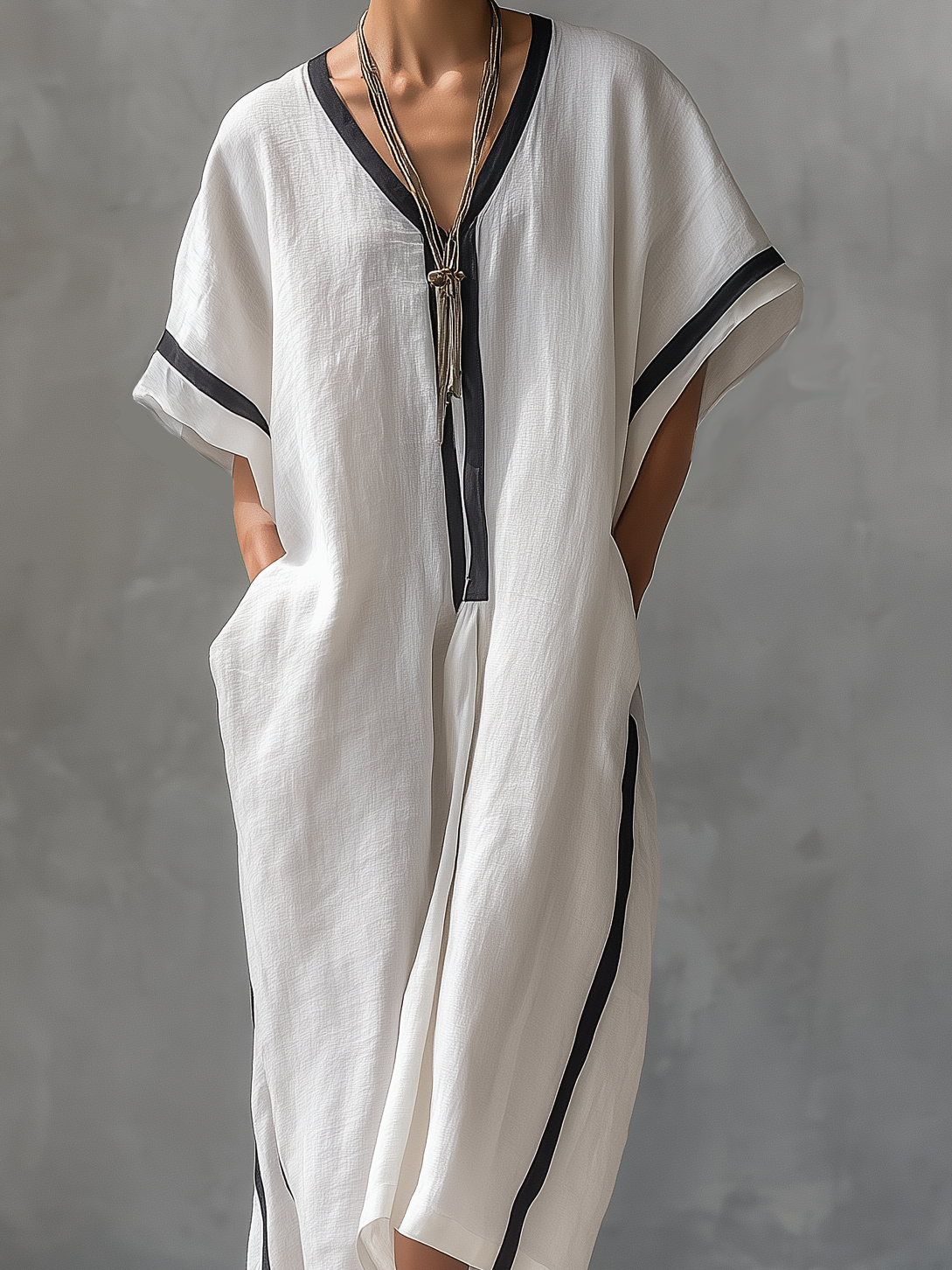 Women's Casual White Cotton And Linen Loose Short-sleeved Maxi Dress MDZ1234A6AN