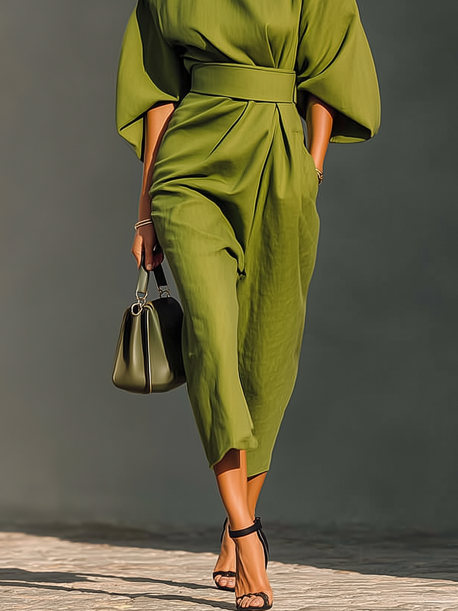 Women's Green Cotton Blend Simple And Fashionable Maxi Dress MDA0622H3T
