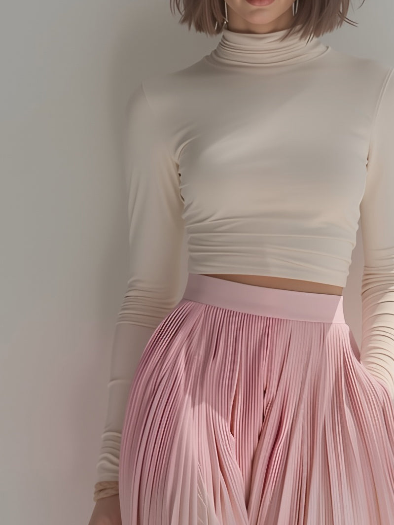 Women's Elegant And Romantic White Stretch Turtleneck Long-sleeved Cropped Top Paired With A Long Pink Pleated Skirt MDA0773K5AN