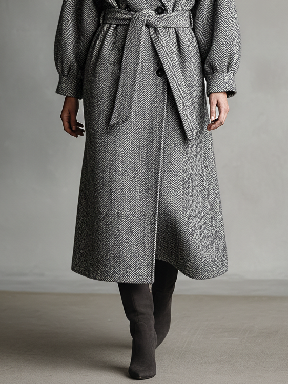 Women's Loose Herringbone Tweed Double-Breasted Belted Long Coat MDA1675I9Y