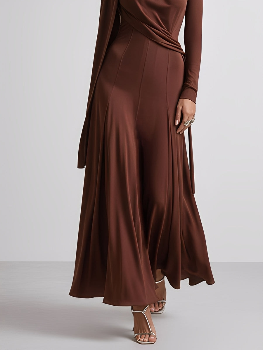 Women's Brown Modern Stretch Polyester-Cotton Blend Turtleneck Maxi Dress With Draped Scarf Details MDA1748J6I