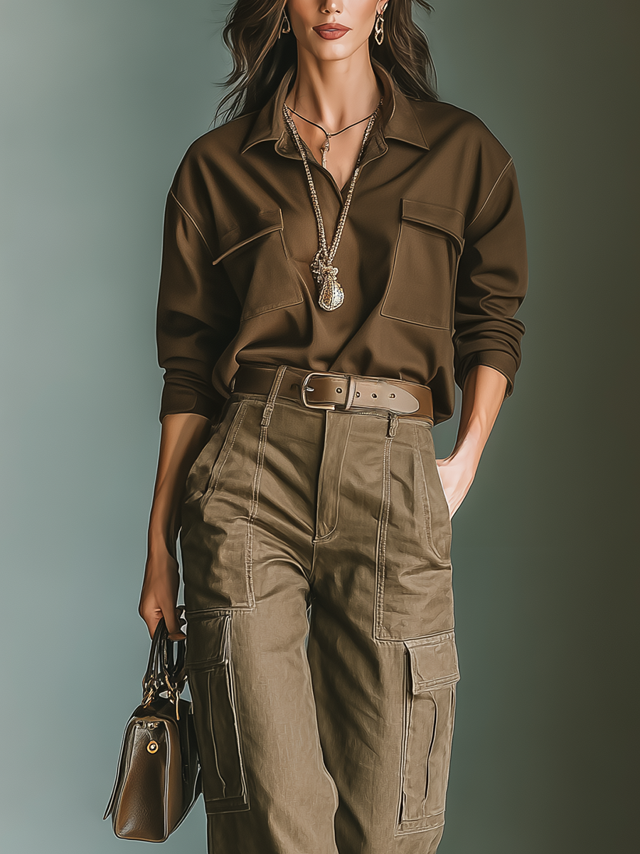 Women's Dark Brown Cotton Blend Top And Overalls Trousers Set MDA1552I4T