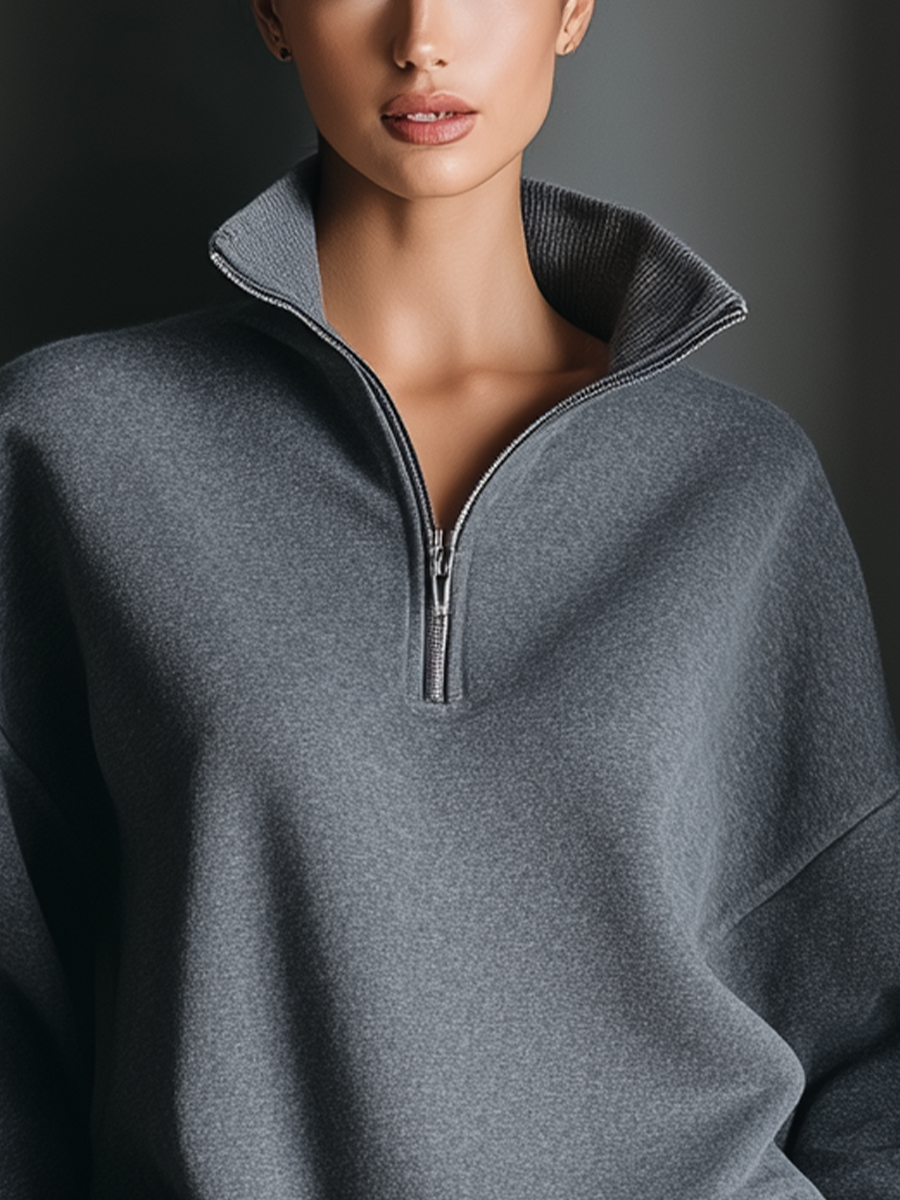 Women's Gray Knit Fabric Oversized Half-Zip Mini Dress MDA2358L2T