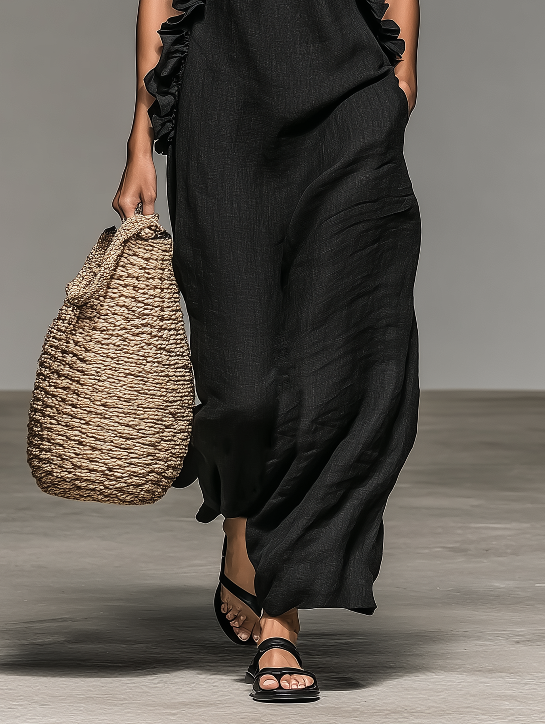 Women's Minimalist Linen-blend Sleeveless Maxi Dress With Ruffle Details MDZ1622A0Y