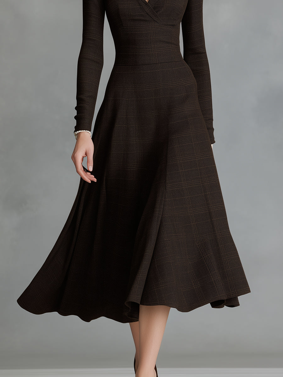 Women's Brown Chic Tailored Plaid Knit Midi Dress MDA0877I5I