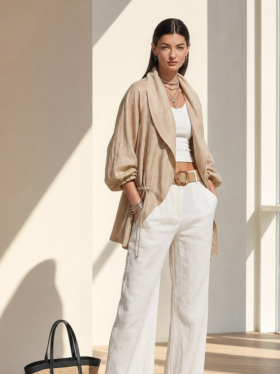Women's Khaki Linen Blend Sheer Jacket With Lapel Collar Balloon Three Quarter Sleeves & Waist Drawstring, Minimalist Resort Lightweight Oversized Outerwear MDZ2240G0LYL