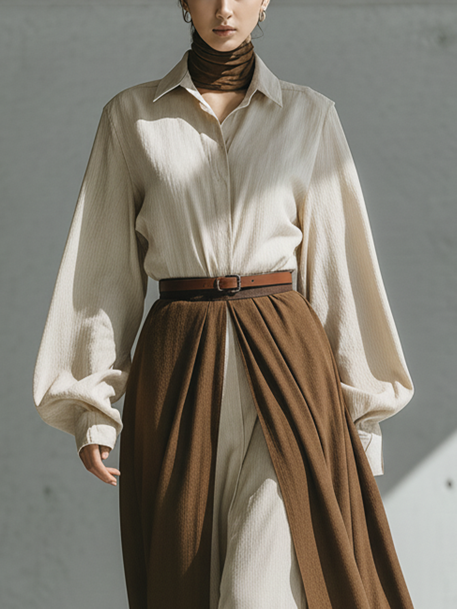 Women's Off-white Cotton And Linen Patchwork Shirt Dress With A Milky Coffee-colored Skirt Hem MDA2161K9T