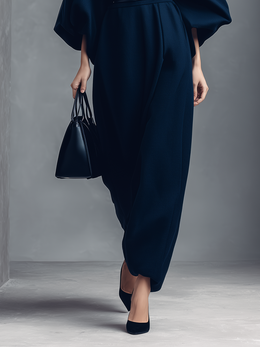 Women's Navy Blue Acetate Blend Deep V-neck Puff Sleeve Belted Dress MDA1178L0T