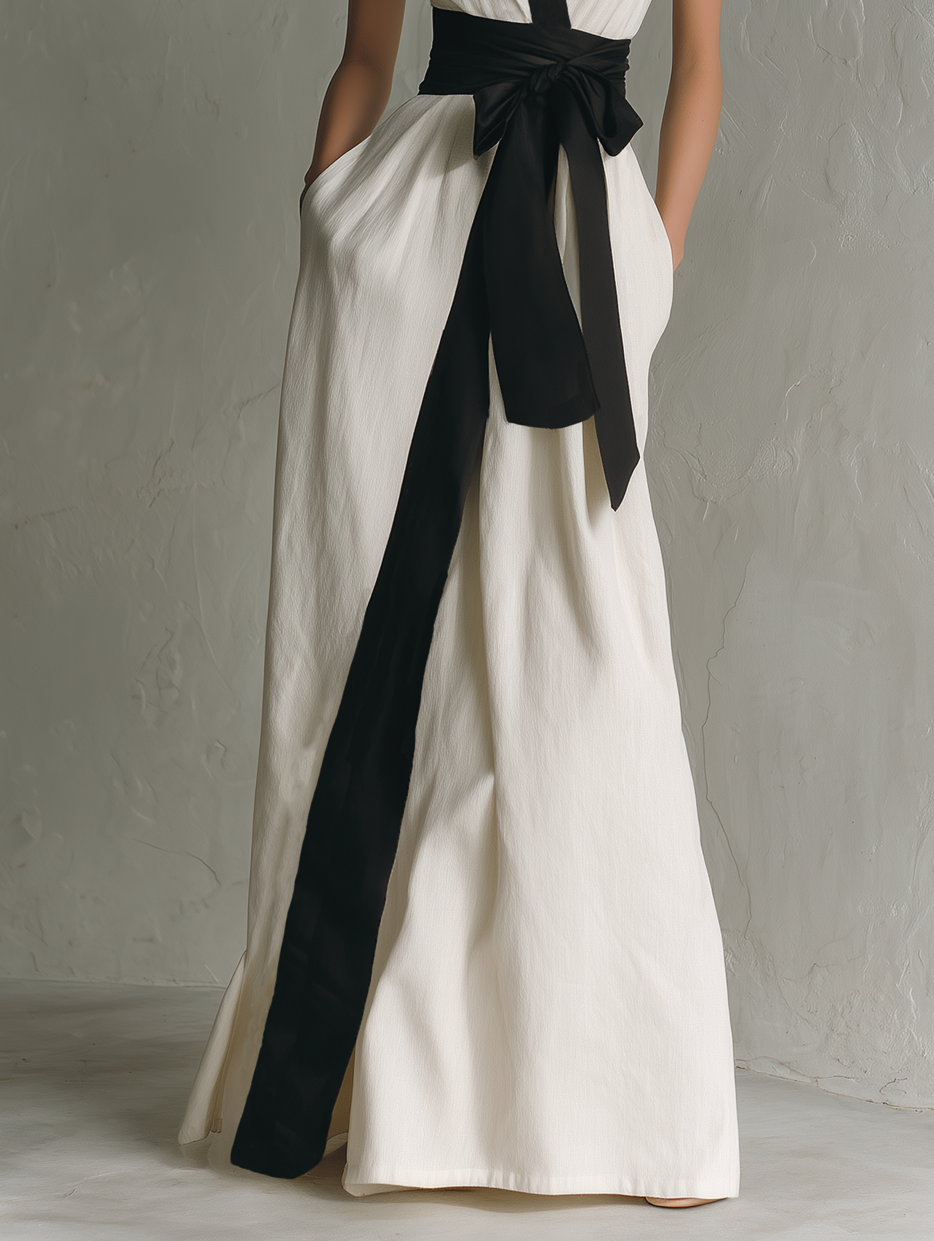 Women's Minimalist Color-block Belted Stand-collar Sleeveless Maxi Dress MDZ1399A7Y