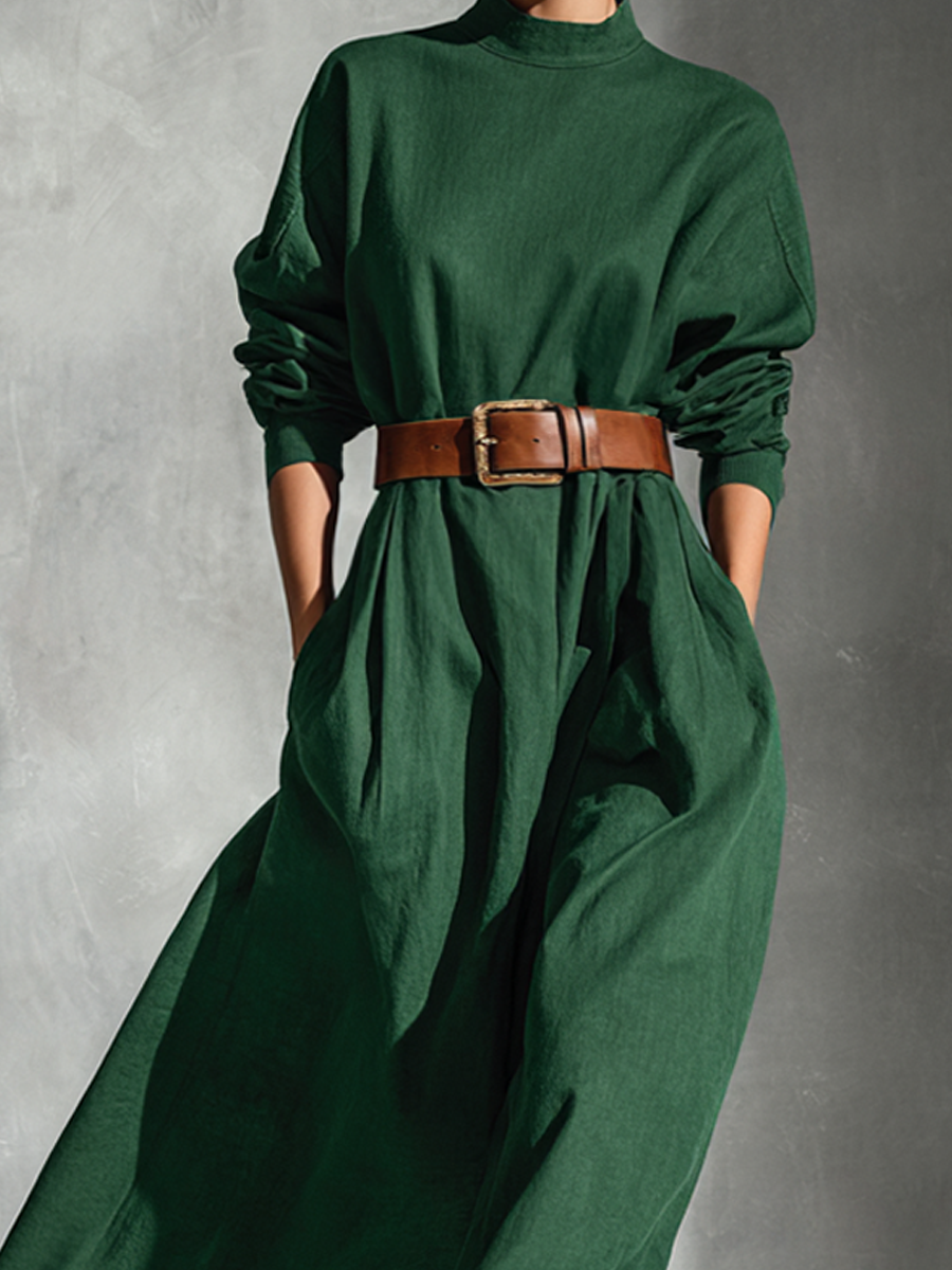 Women's Green Round Neck Long Sleeve Dress (Belt Not Included) MDA2438K8AP