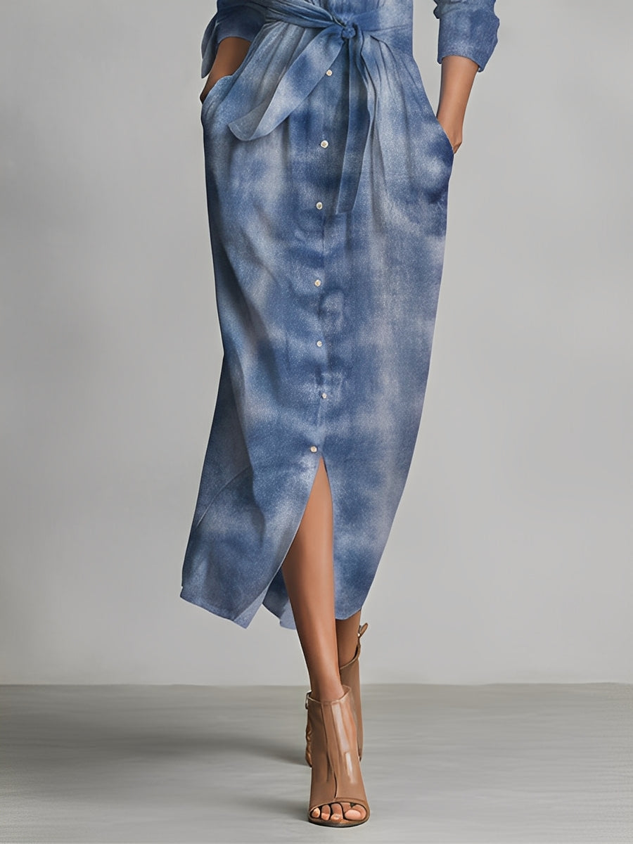 Women's Blue Tie-Dye Woven Cotton And Linen Blend Fabric Chic Collared Tie-Waist Midi Shirt Dress MDA1822K0I