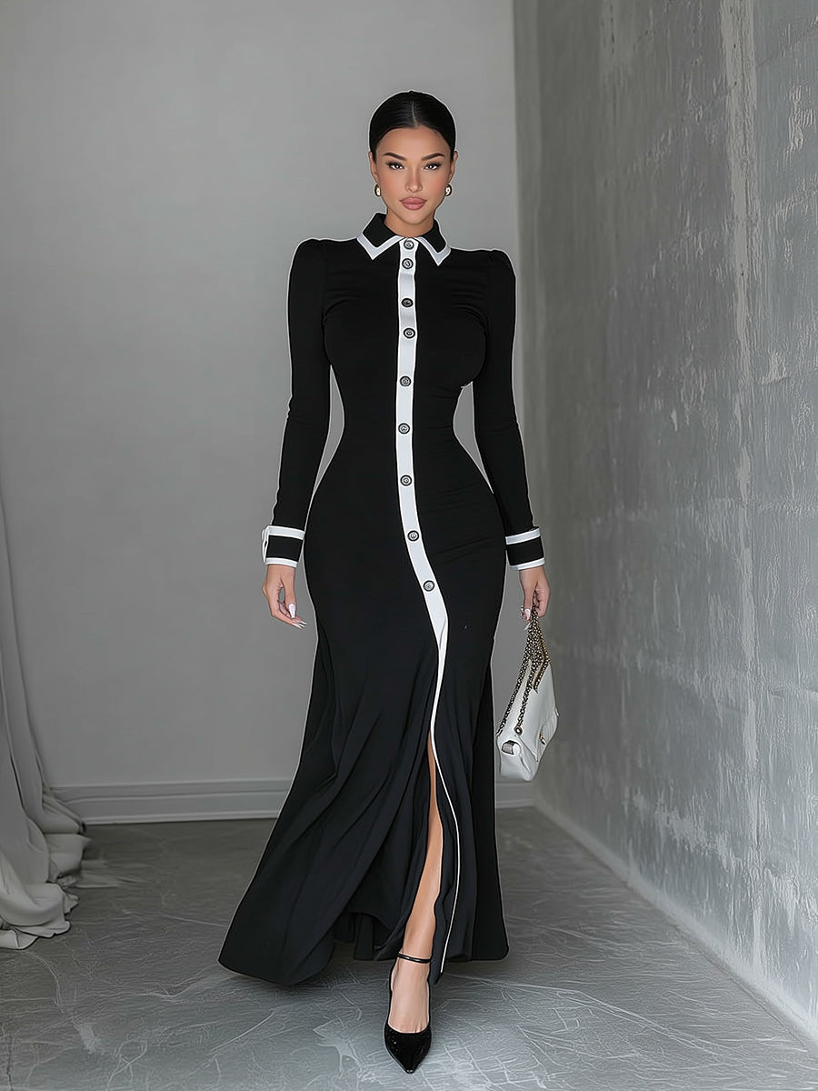 Women's Black And White Contrast Slim Long Shirt Dress MDA1245I6A