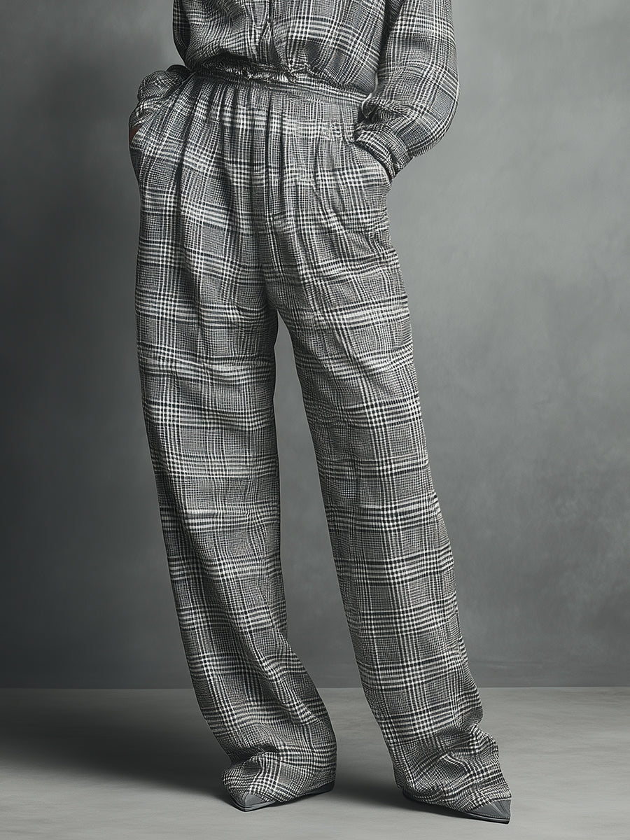 Women's Gray And White Houndstooth Modern Minimalist Stretch Waist Jumpsuit MDA2974J6I