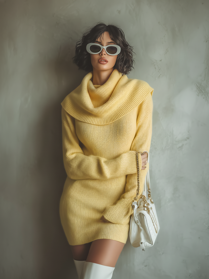 Women's Minimalist Knitted Cowl Neck Long-sleeved Mini Dress MDA1525L9Y