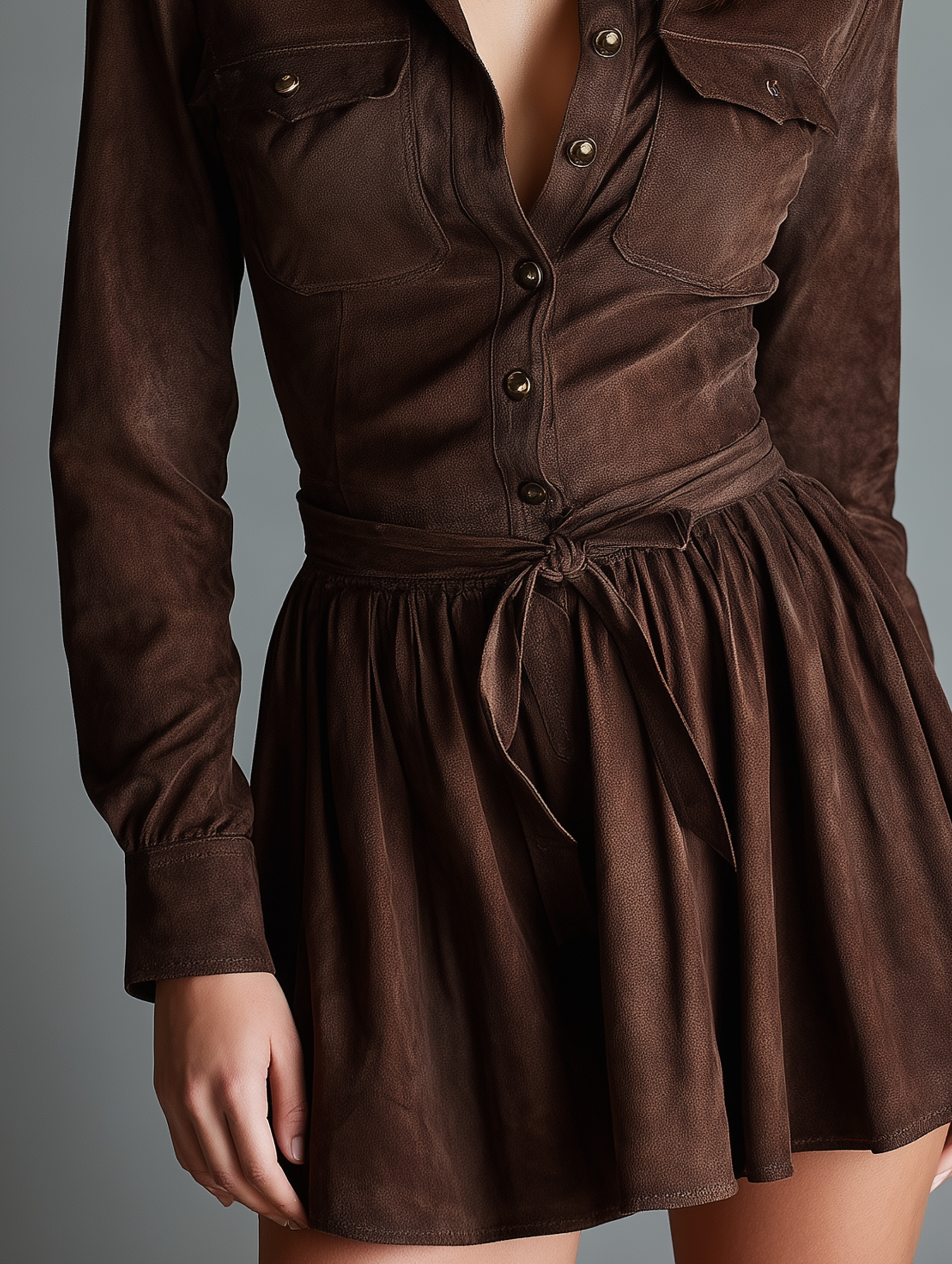 Women's Faux Suede Shirt Collar Single-breasted Belted Mini Dress MDA3126J4Y