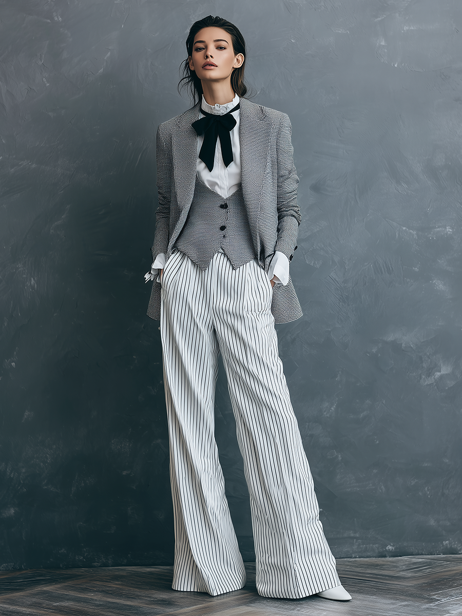 Women's Gray & White Patterned Woven Set With Houndstooth Blazer & Wide-Leg Pants, Timeless Tailored-Chic Style Set (without Inner Wear) MDA1806L0I