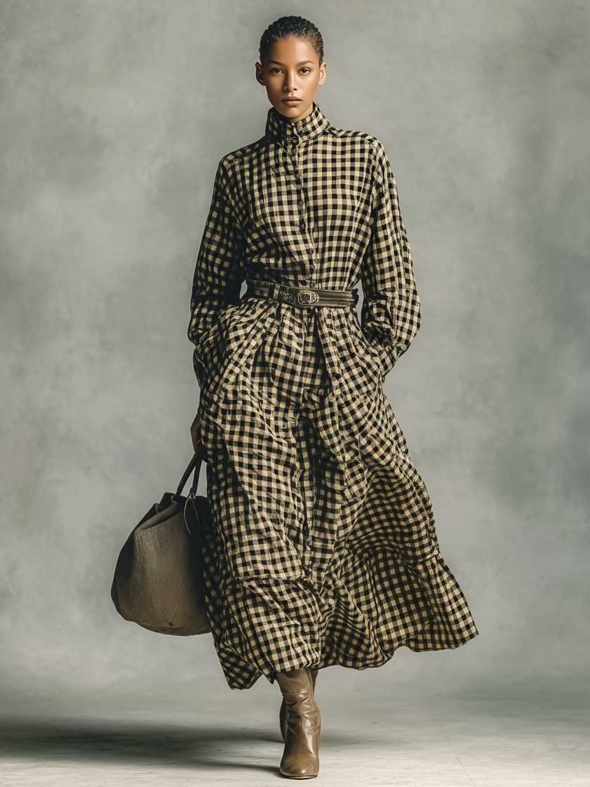 Women's Loose Plaid Stand-up Collar Maxi Dress (without Belt) MDA1678J6Y