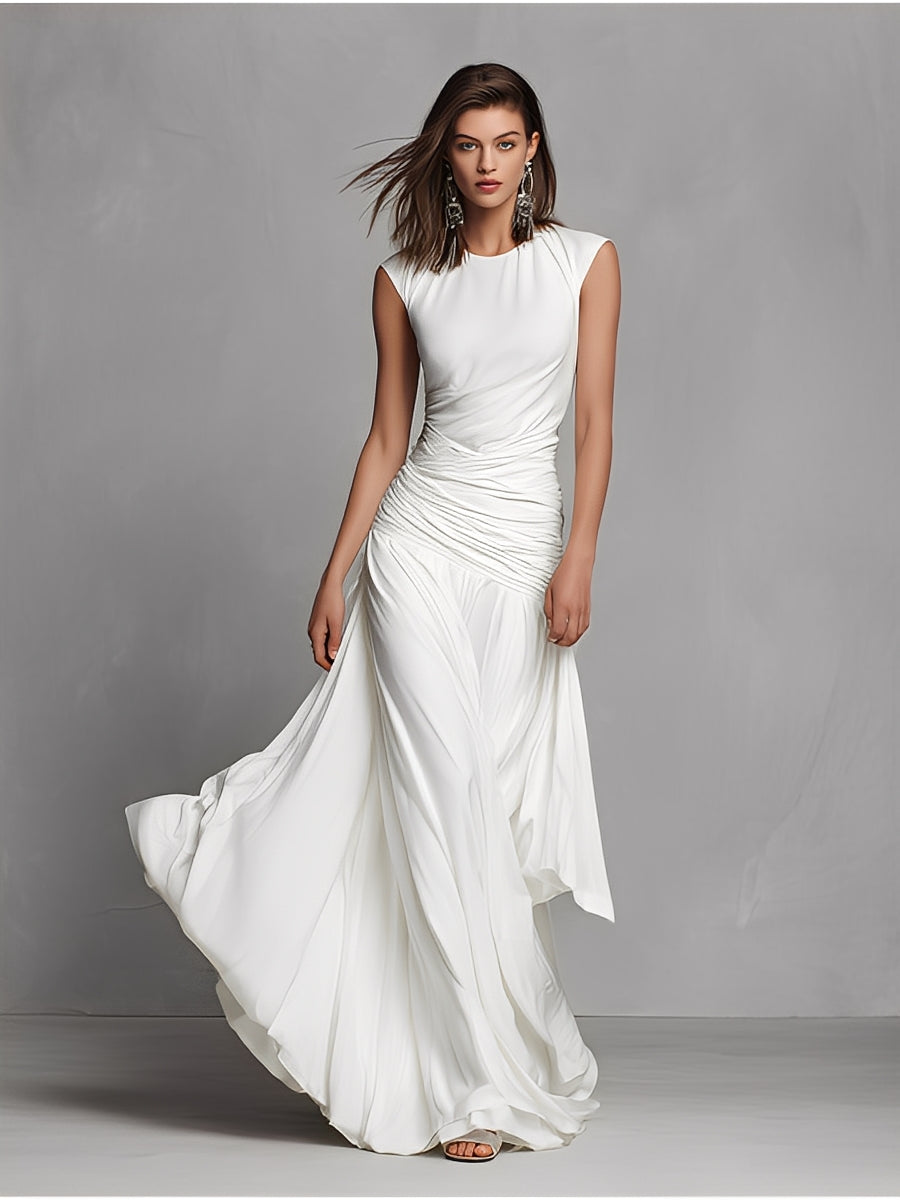 Women's White Silky Dress With Ruched Detail & Sleeveless Design, Timeless Elegant-Luxe Style Dress MDZ0698A9I