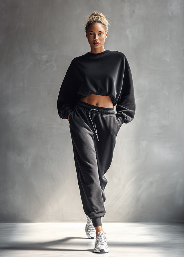Women's Black Casual Fleece Cropped Sweatshirt & Joggers Set MDA1300H4I