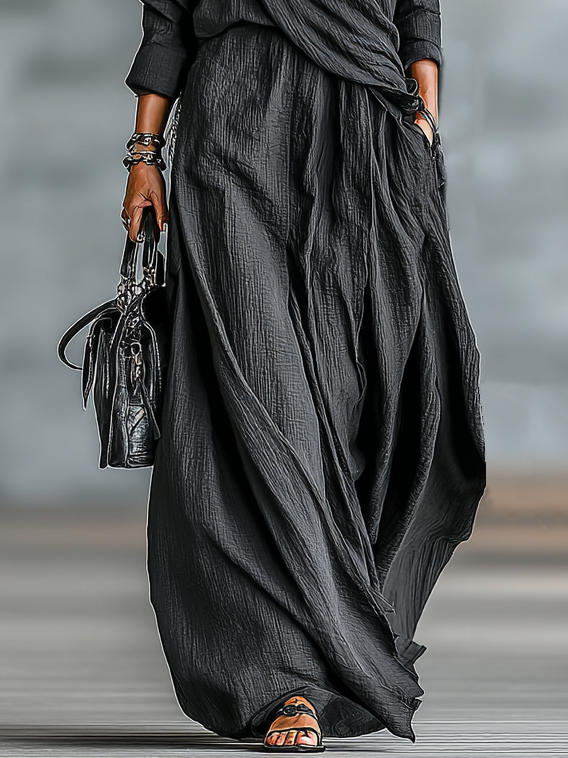 Women's Loose Washed Linen V-Neck Long Sleeves Long Skirt Set MDA0716H7Y
