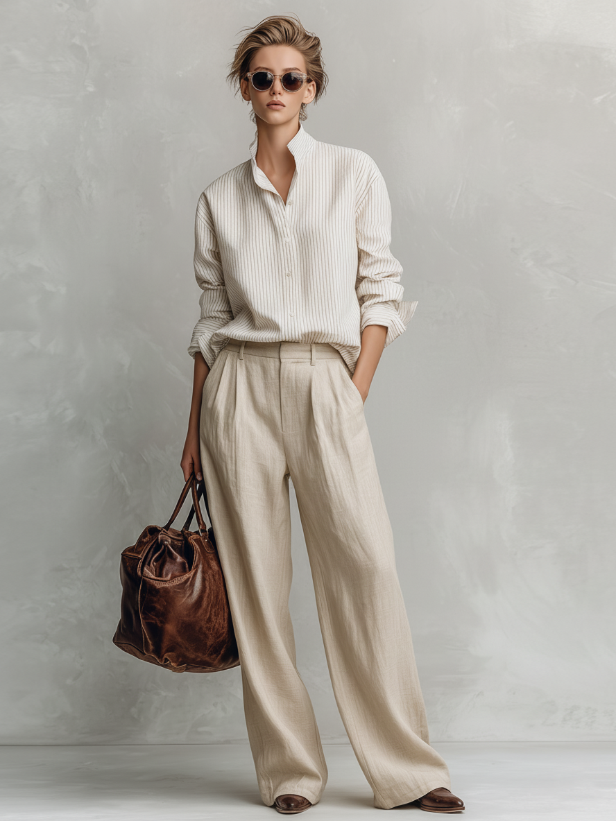 Women's Minimalist Striped Stand-collar Long-sleeved Cotton And Linen Straight-leg Pants Set MDA2781K7Y