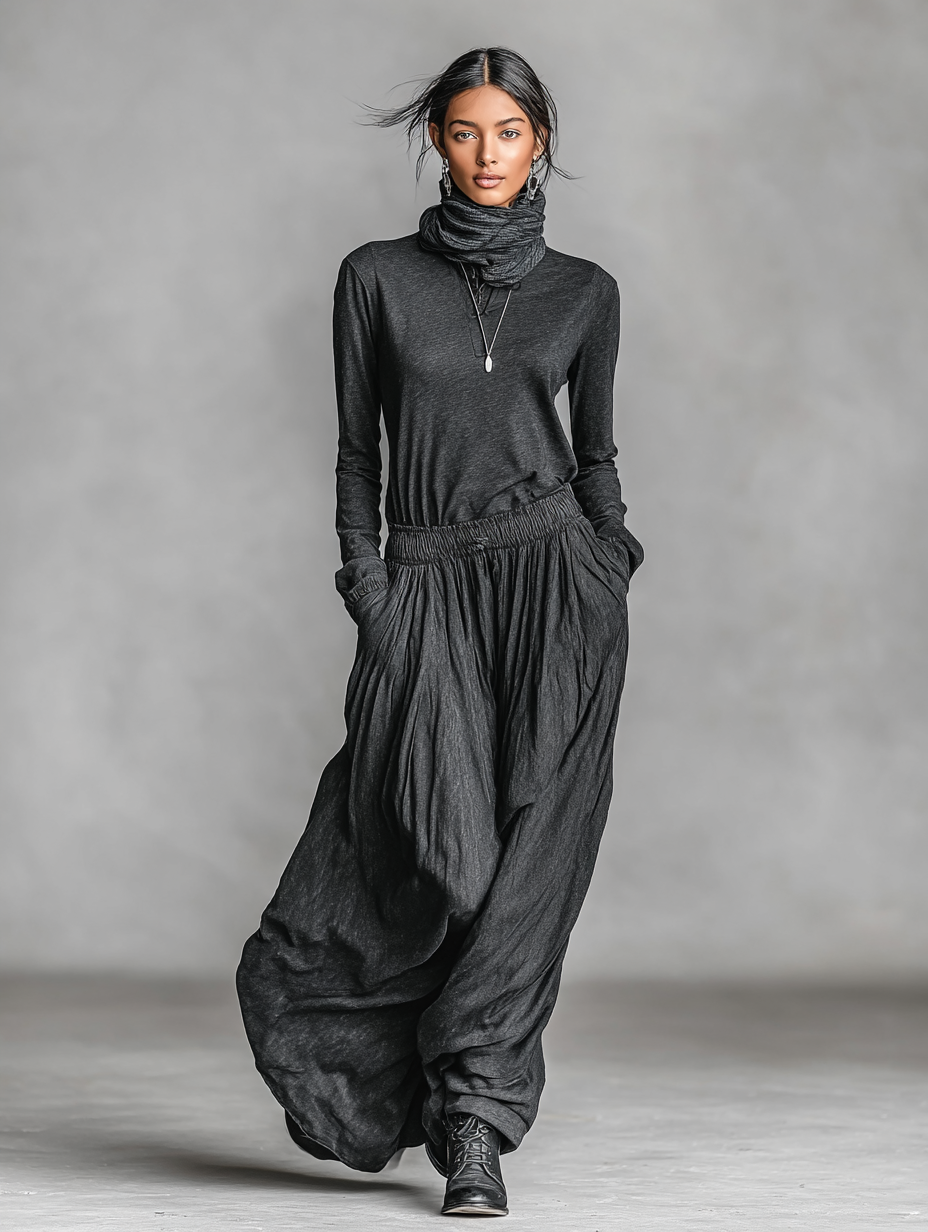 Women's Loose Polo Neck Long Sleeve Elastic Waist Maxil Dress (Scarf Not Included)MDA0780H5Y