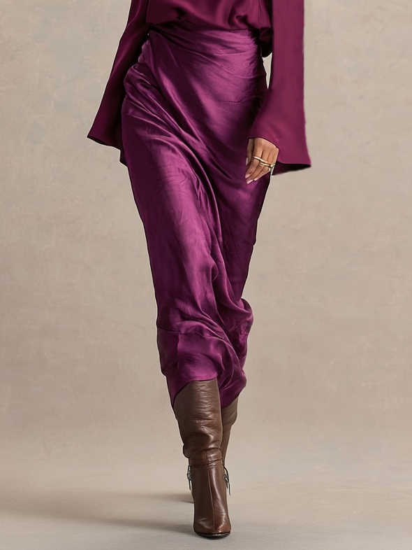 Women's Elegant Half-high Collar Trumpet Sleeve Blouse Satin Skirt Set MDA2492I1Y