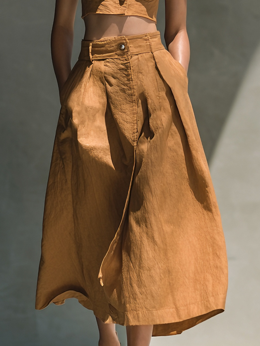 Women's Effortless Cotton-Blend Camel Camisole Bustier Top & Flared Midi Skirt Set MDA2413L6AU