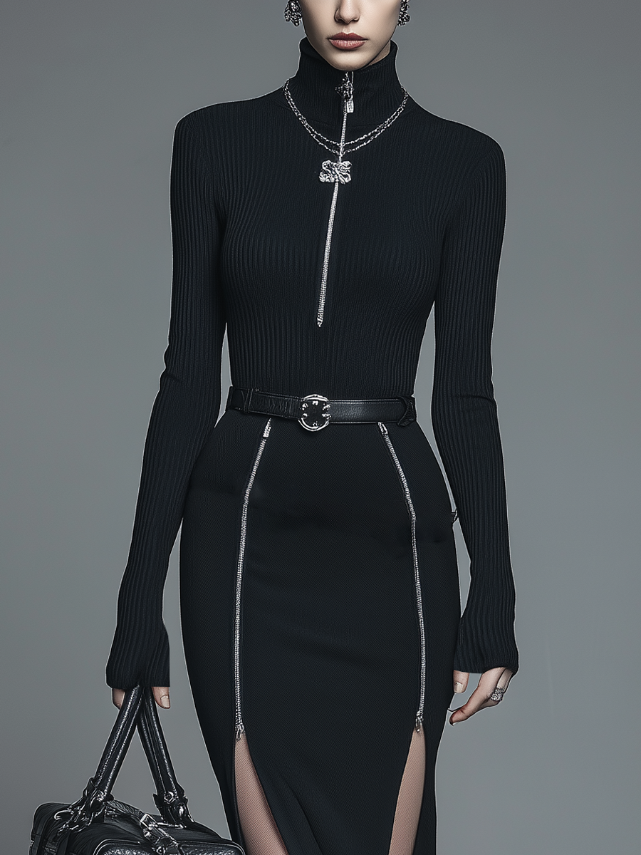 Women's Black Knitted High-neck Top With Front Zipper And Matching Zippered Skirt Set MDA1854L8T