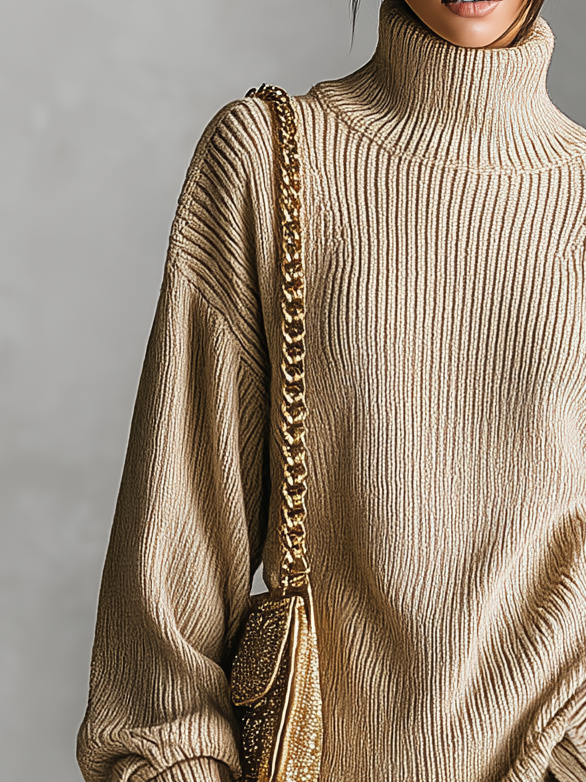 Women's Fashionable And Elegant Khaki Long-sleeved Collared Loose Knit Midi Skirt With Front Slit MDA2889K3AN