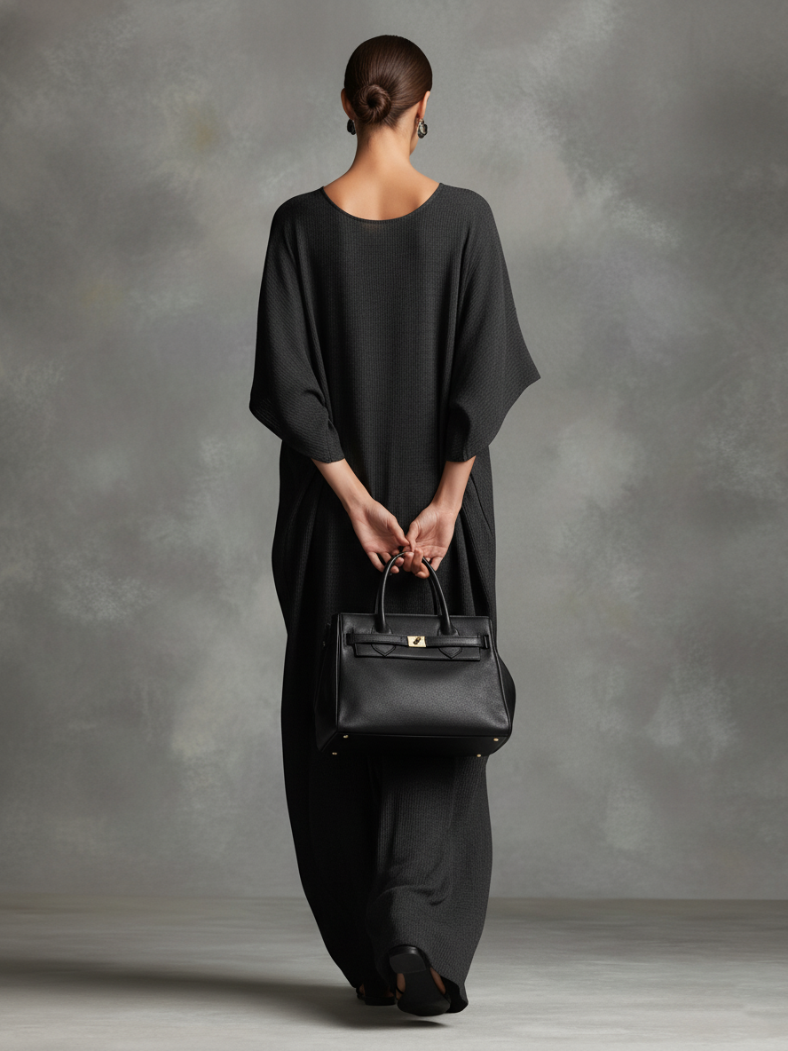 Women's Relaxed Linen-Blend Charcoal Batwing-Sleeve Loose-Fit Maxi Dress MDA2461L8AU