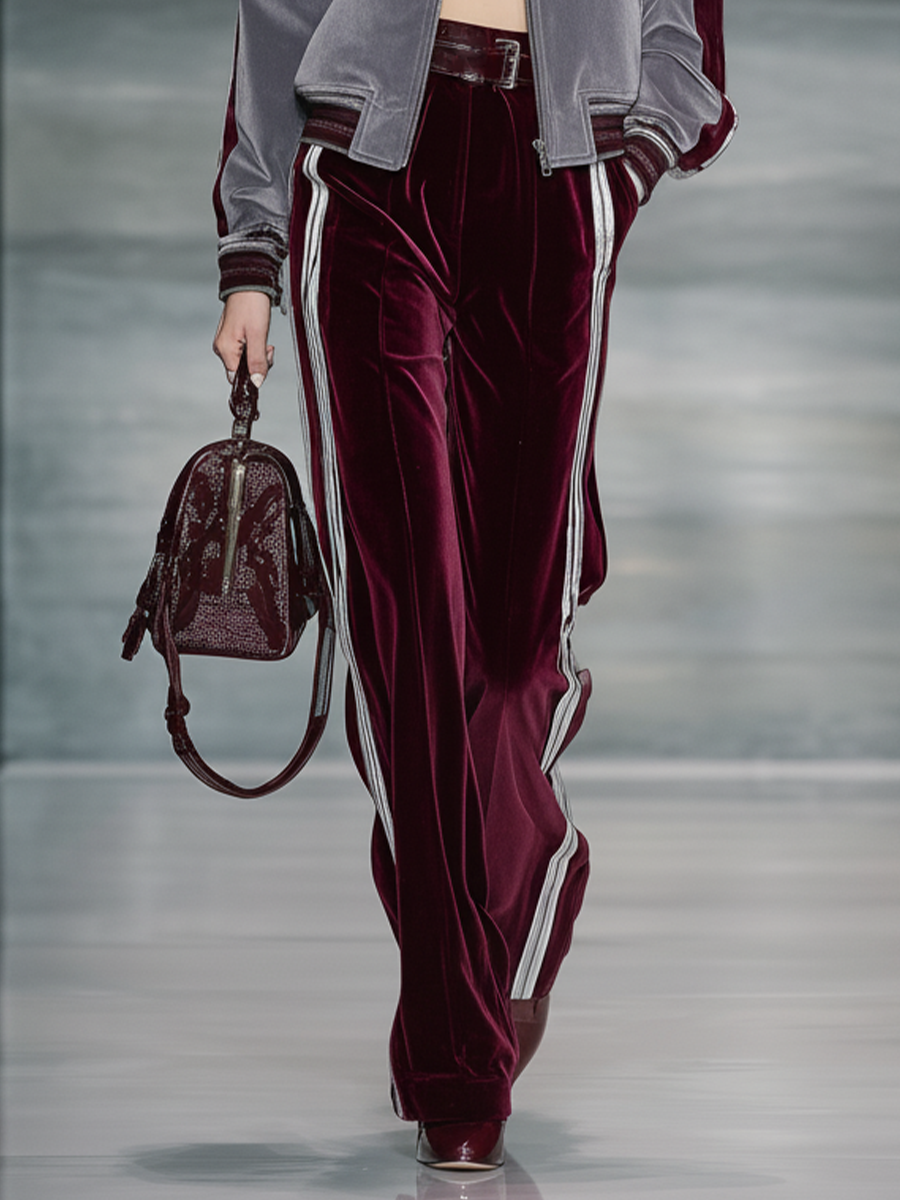 Women's Grey And Burgundy Velvet Coat And Straight-leg Trouser Set MDA0376K6T