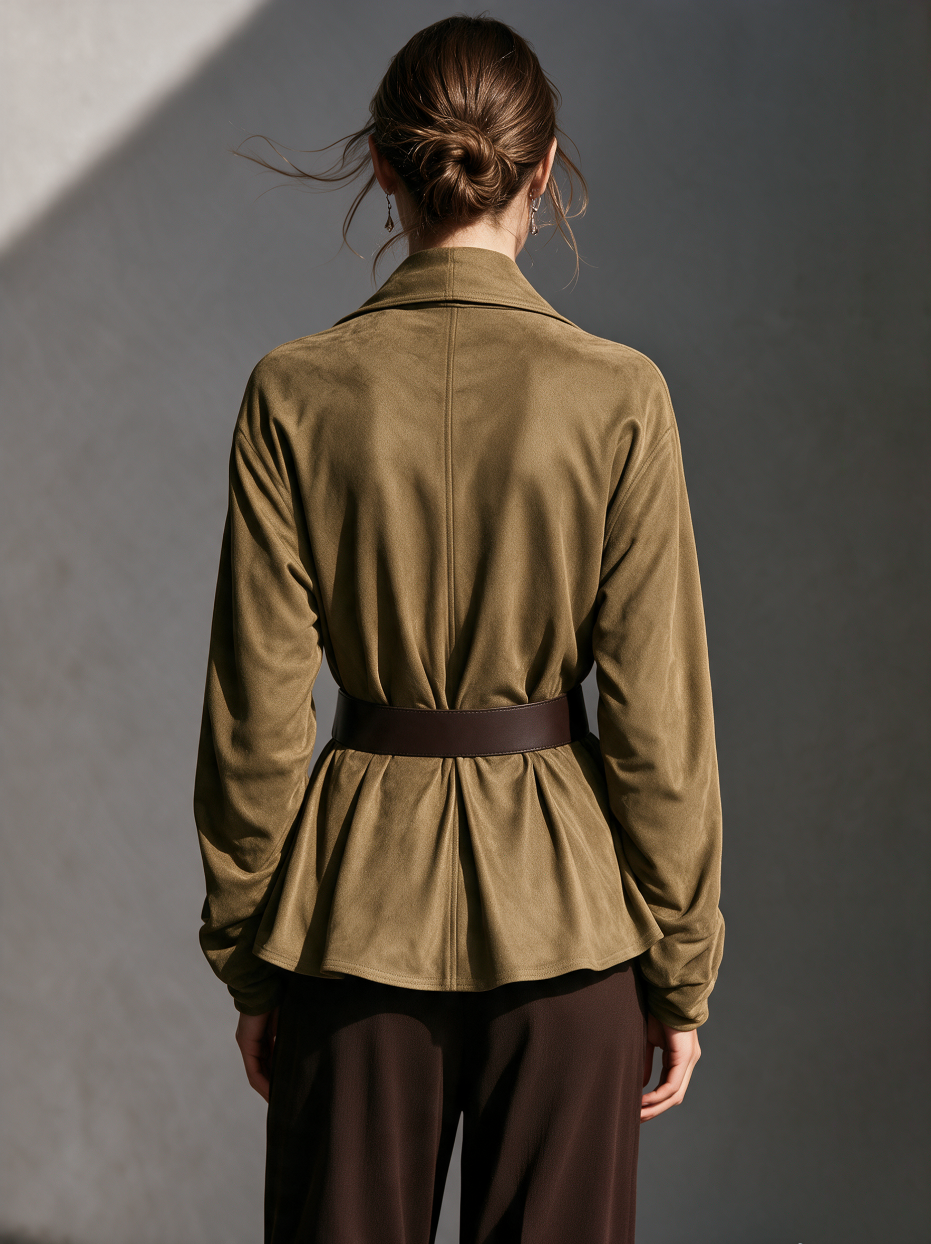 Women's Casual Olive Green Faux Suede Lapel Jacket (with Belt)