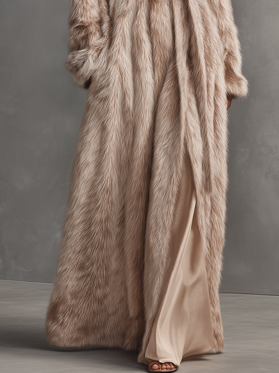 Women's Beige Luxurious Faux Fur Belted Longline Coat MDA2080J0I