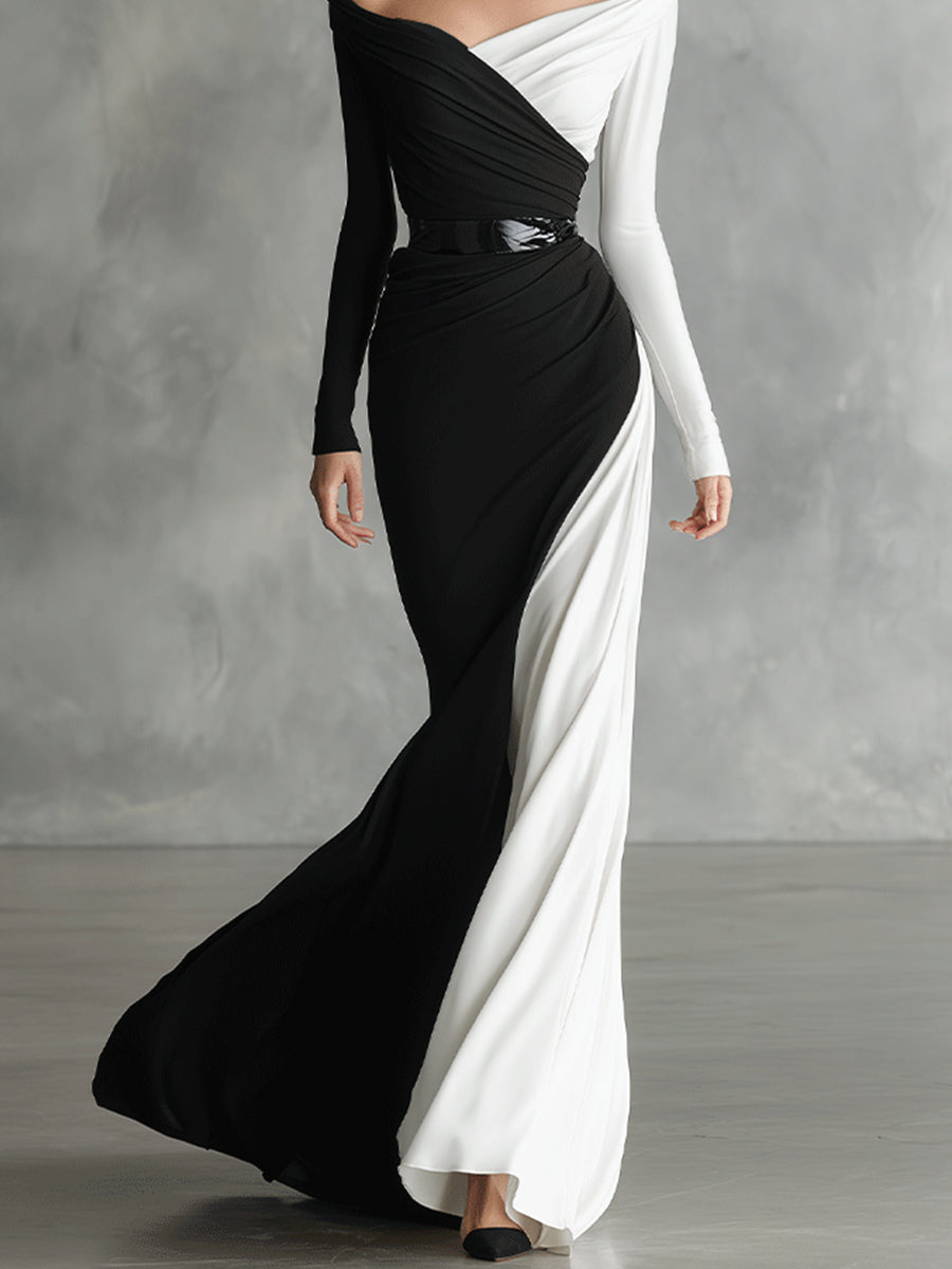 Women's Black - White Chic Crepe Color - Block Off - Shoulder Maxi Dress MDA0953I8I