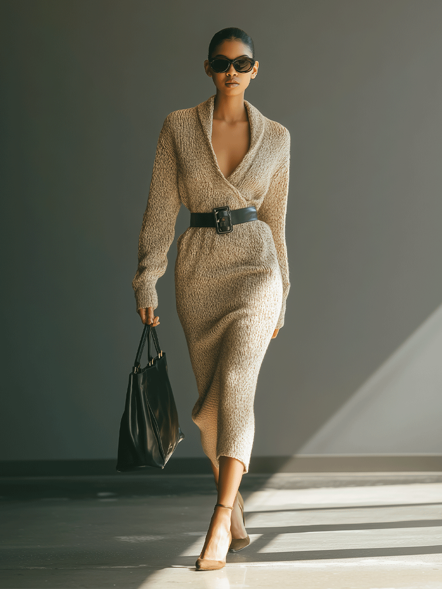 Women's Elegant Knit Shawl Collar Belted Midi Dress (without Belt) MDA0210H1I