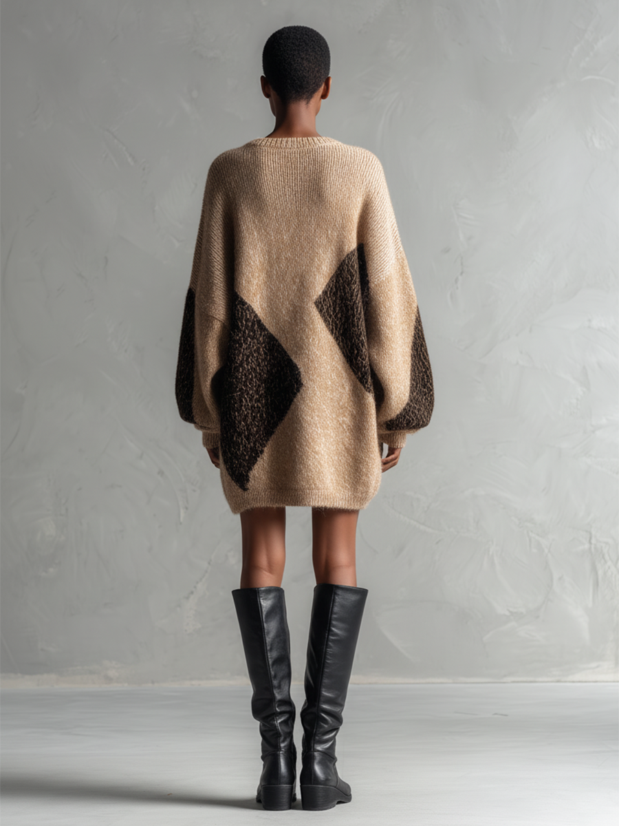 Women's Brown Patchwork Loose-fitting Plush Knit Mini Dress MDA0625K6T