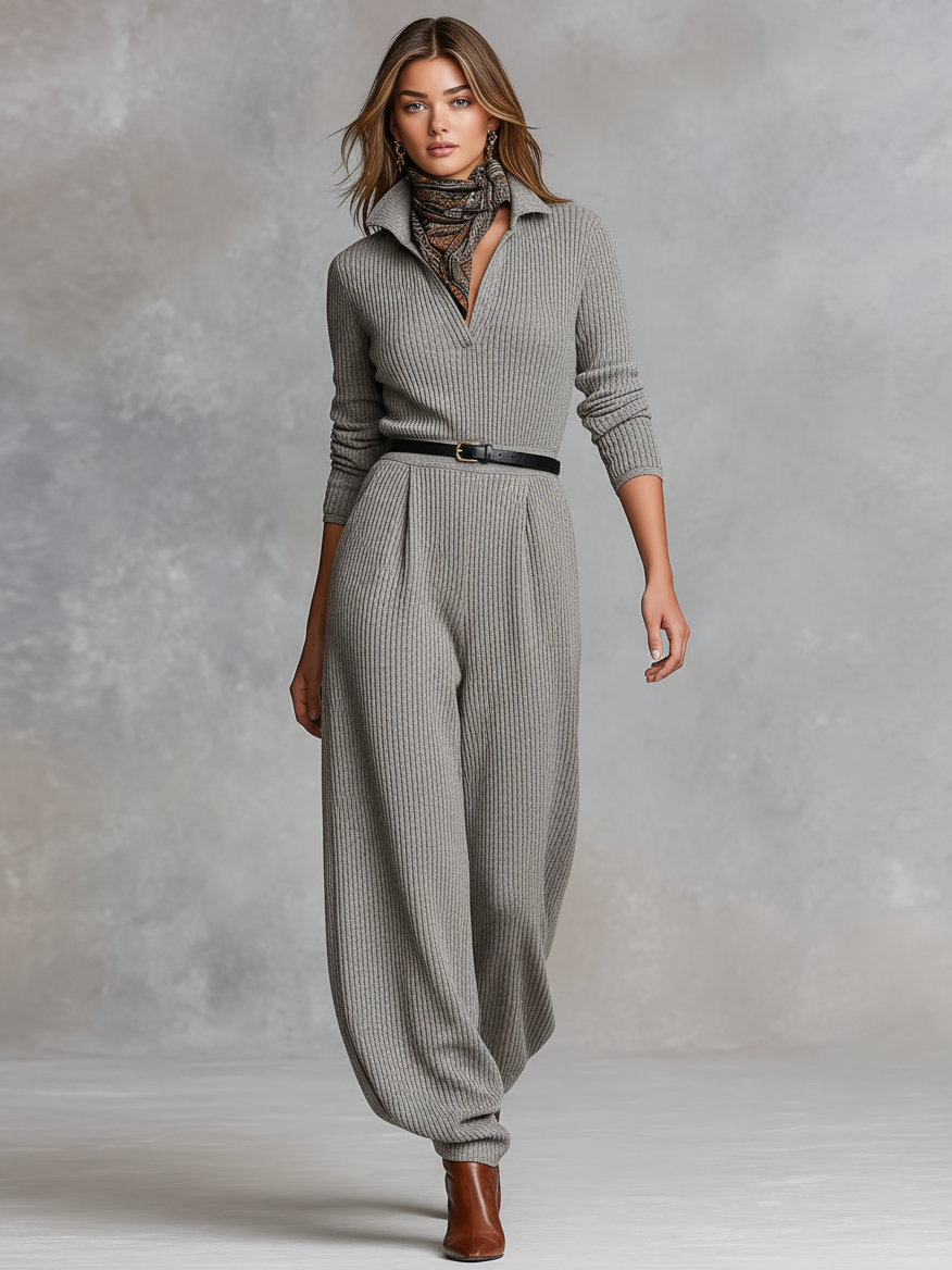 Women's Casual Knitted Collared Jumpsuit With Belt MDA3017J5Y