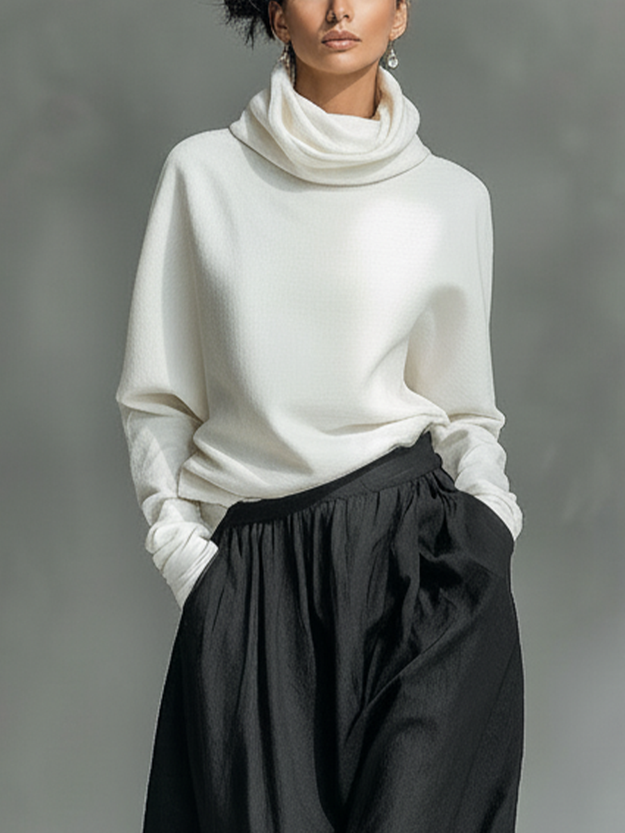 Women's Ivory Knit Fabric Oversized Turtleneck Top & Black Voluminous Balloon Pants Set MDA1957L9T