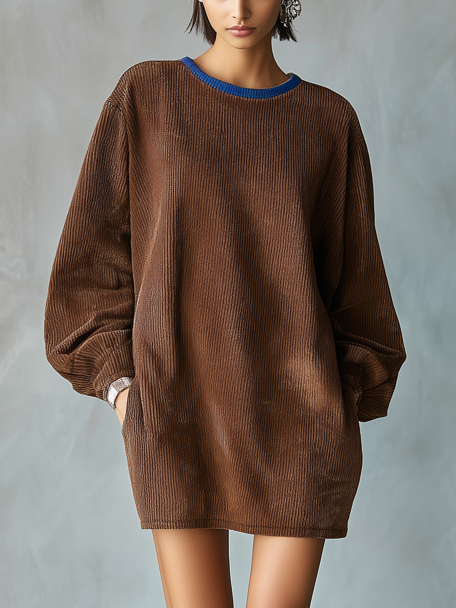 Women's Brown Corduroy Round Neck Loose Long Sleeve Mini Dress MDA0531K2T