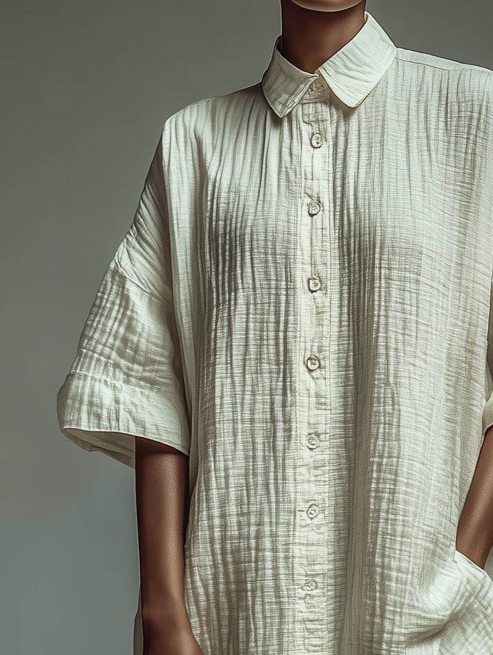 Women's Fashionable and Casual White Mid-Sleeve Shirt Collar Cardigan Loose Short Dress MDA1751K8AN