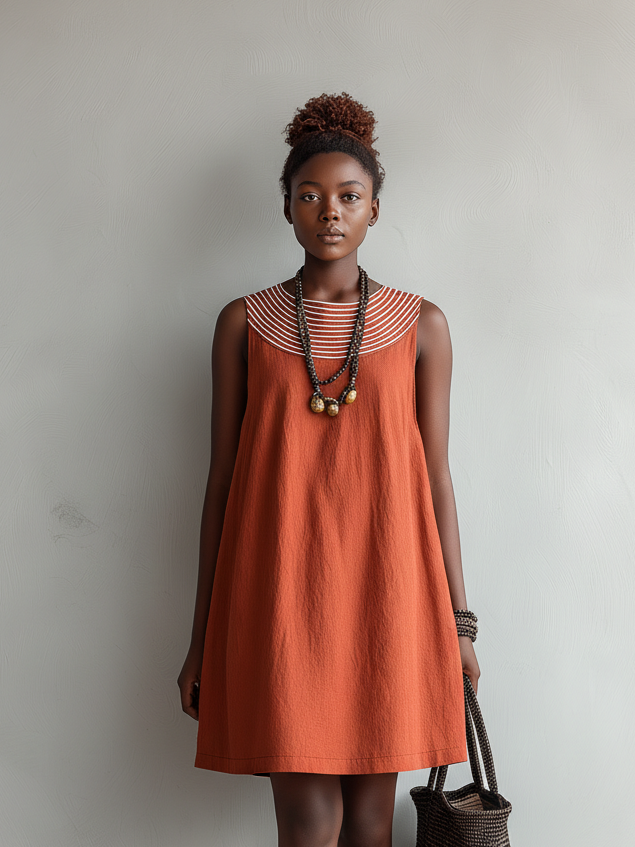 Women's Casual Orange Cotton Linen Round Neck Embroidered Sleeveless Loose Short Dress MDZ2535B5AN