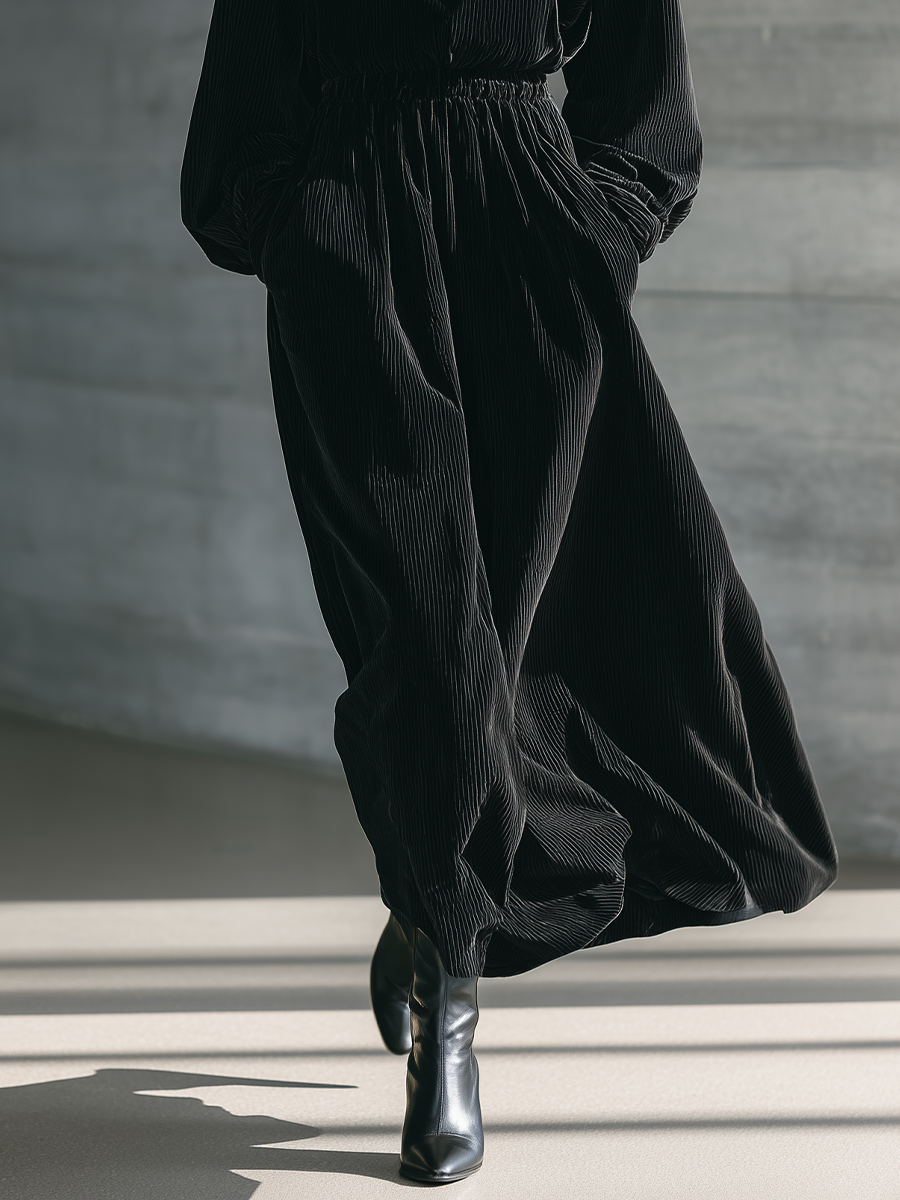 Women's Black Corduroy Half-Zip Stand Collar Fitted Waist Maxi Dress MDA0503K5T