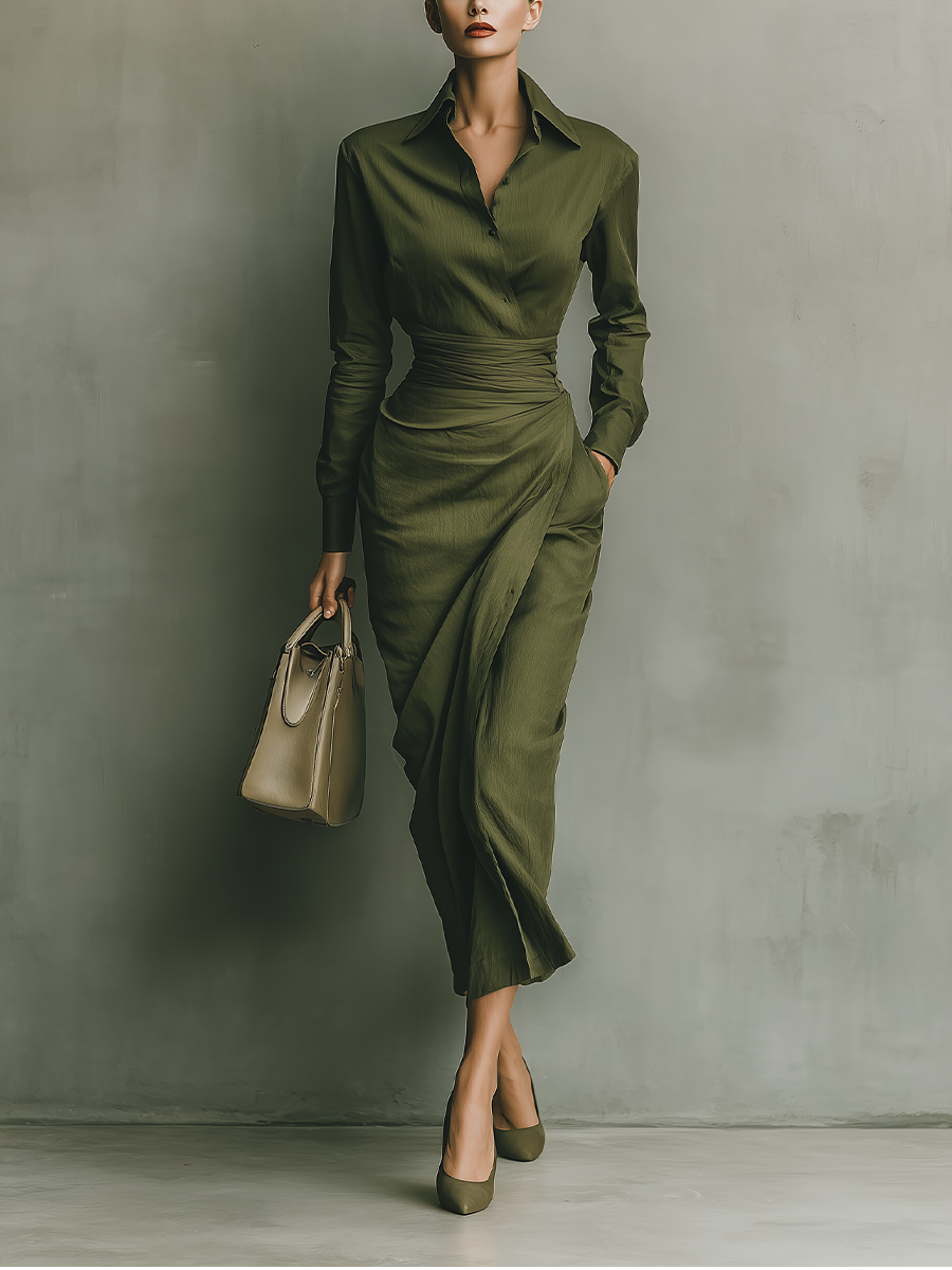 Women's Army Green Cotton Blended Maxi Dress MDA2281I8T – Modesees
