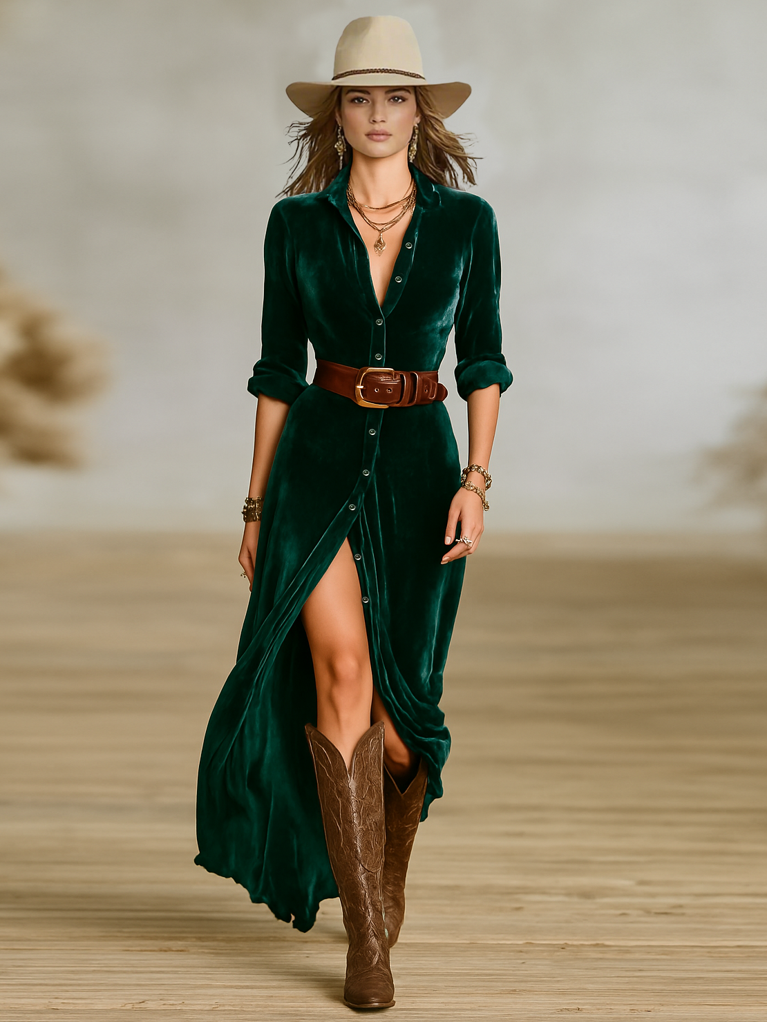 Women's Western-style Velvet Lapel Single-breasted Maxi Dress(Without Belt)MDA1225H4Y