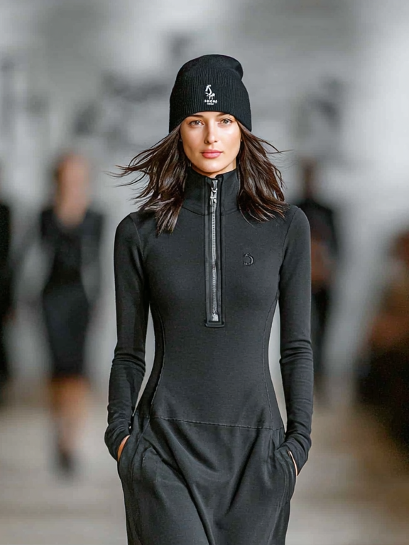 Women's Sports Cotton Blend Half-high Collar Zipper Loose Maxi Dress MDA3197G9Y