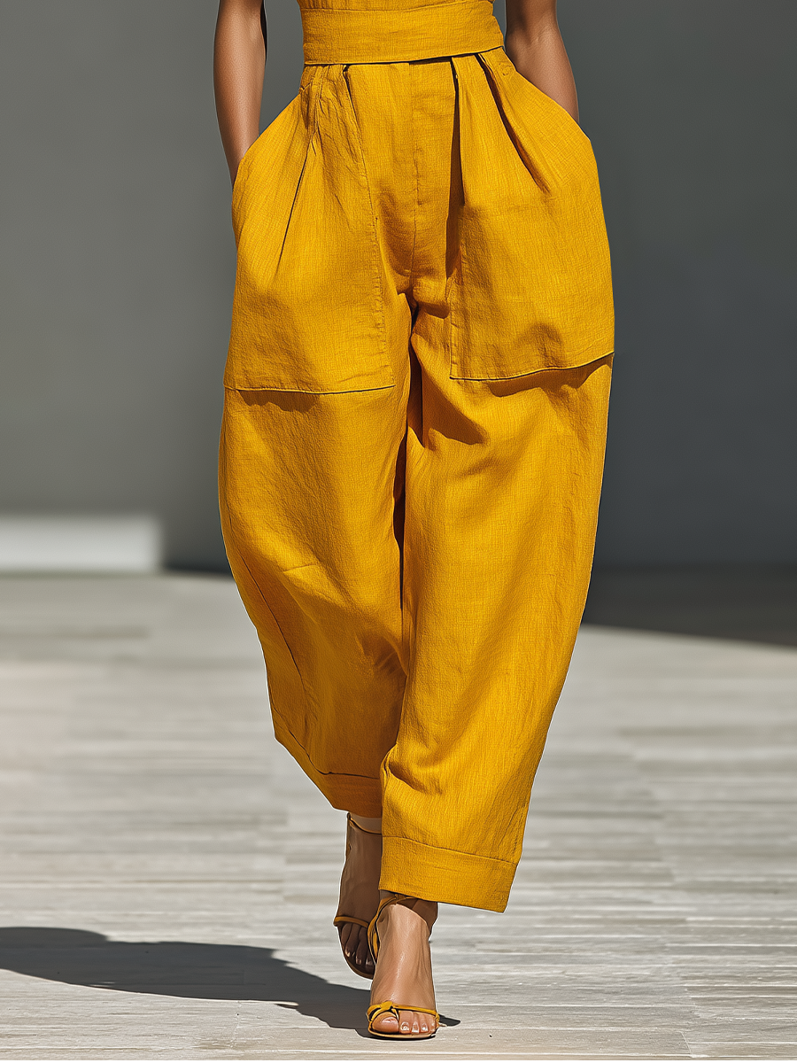 Women's Mustard Yellow Linen-Blend Jumpsuit With Crisscross Neckline & Relaxed Trousers MDZ2808B6T