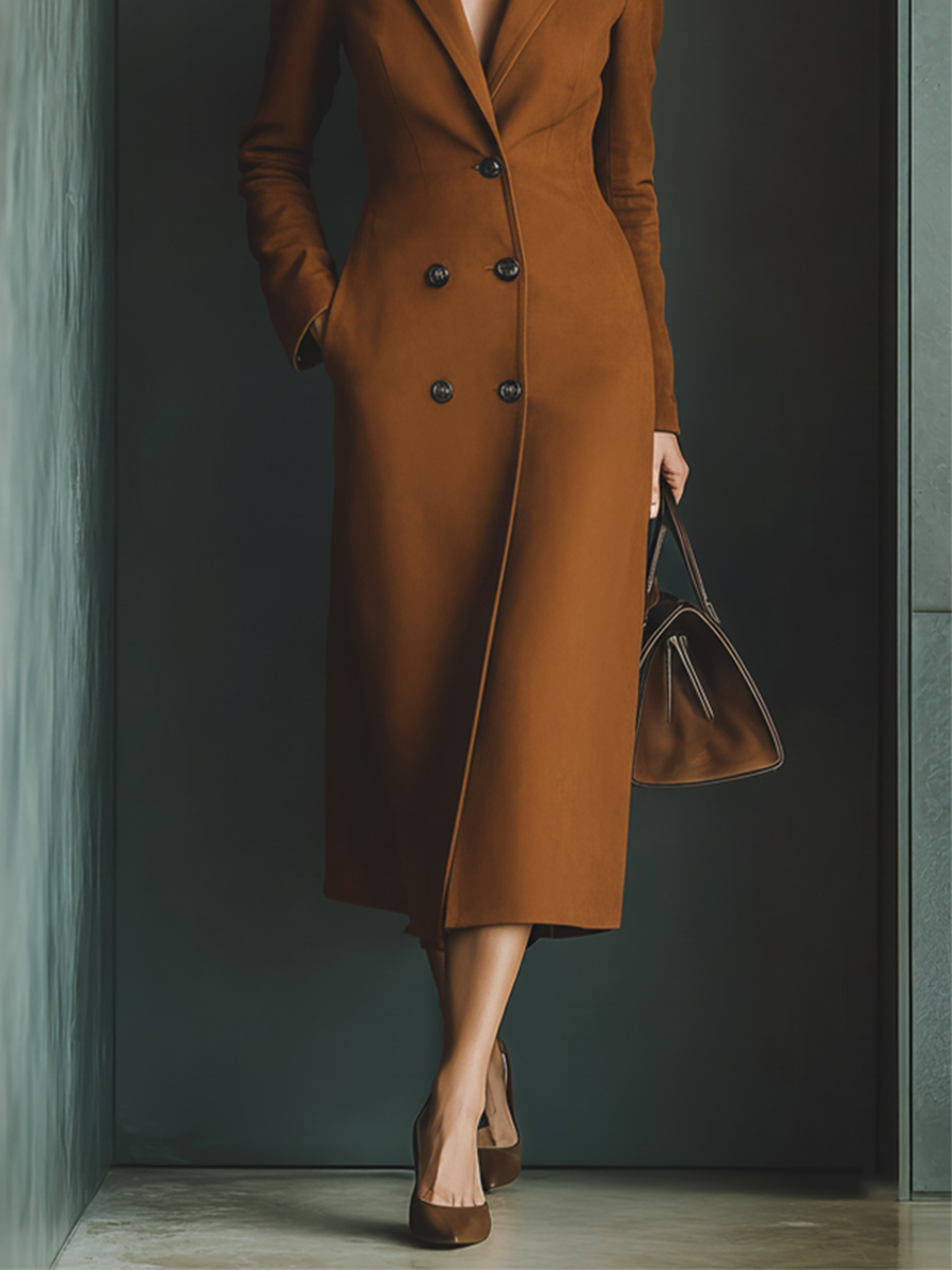 Women's Caramel Faux Suede Double-Breasted Elegant Long Coat MDA1004J2T