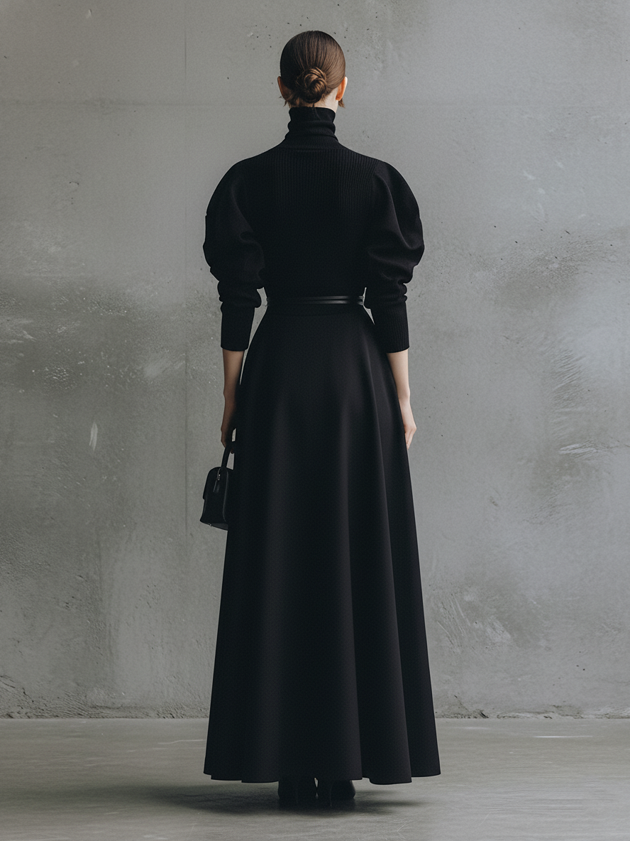 Women's Chic Wool-Blend Black Turtleneck Puff-Sleeve Belted Maxi Dress MDA1512L8AU