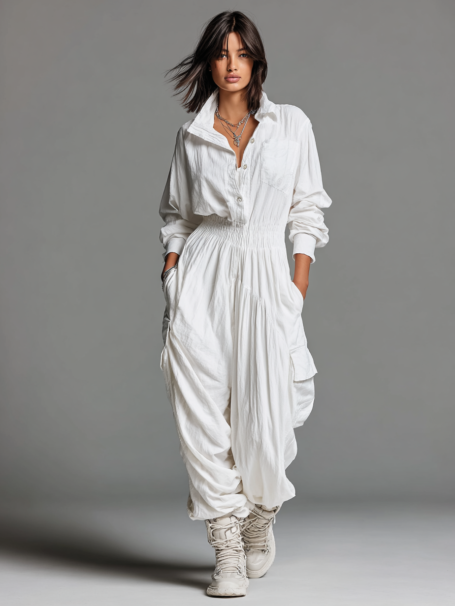 Women's Cotton And Linen Blended Lapel Single-Breasted Elastic Waist Multi-Pocket Jumpsuit MDA0406H8Y